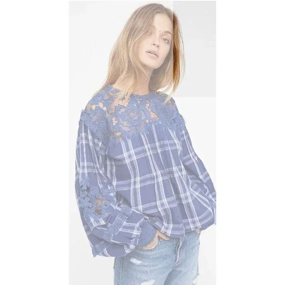 Free People Womens Size Small Blue Plaid Darling Diana Long Sleeve Shirt - Picture 10 of 10